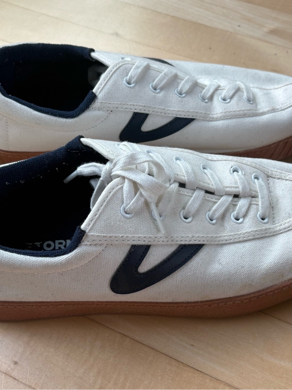 Tretorn White Canvas Sneakers with Navy Accent and Gum Sole